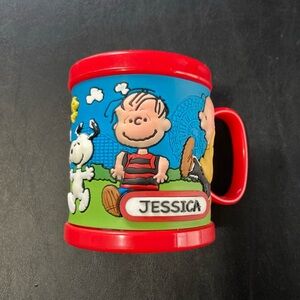Peanuts Kids Mug in Red with Blue personalized for a Jessica name